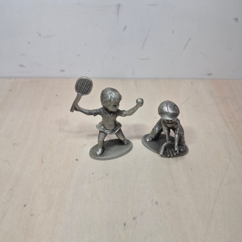 Vintage Hudson Pewter Sports Figurines Tennis Girl & Baseball Catcher Set 1977
